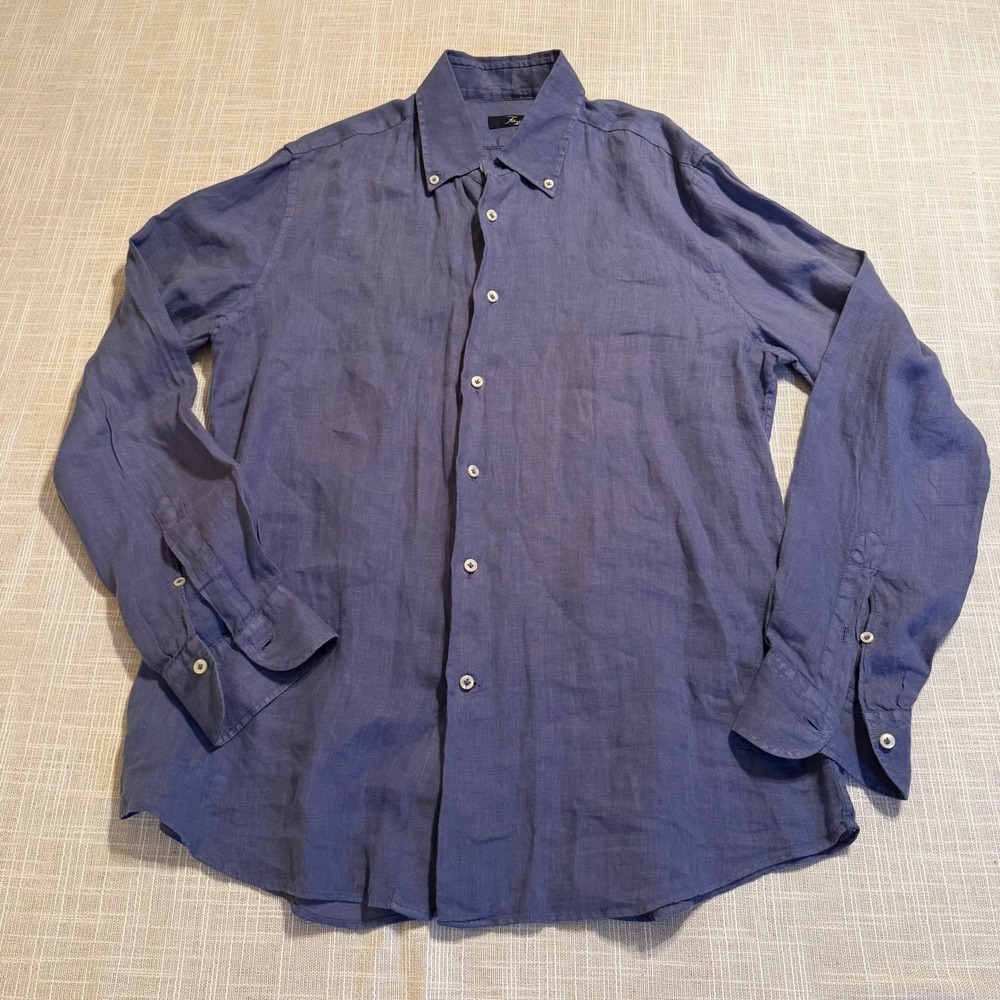 Fay Mens Blue Linen Button Down Shirt Long Sleeve Size 16 41 Made in Italy